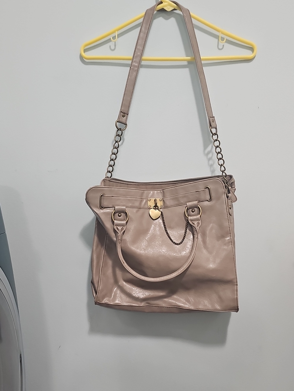 Taupe Leather Tote Bag Crossbody with Gold Heart Hardware